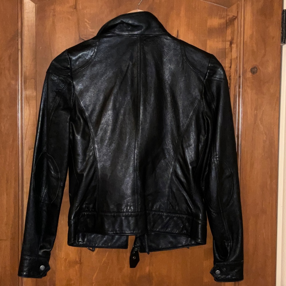 Womens Black Lamb Skin Fitted Moto Leather Zip-Front Jacket size XS - Picture 2 of 6